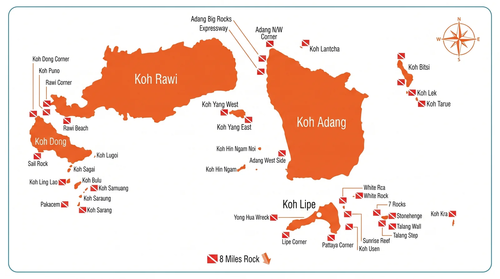 Mapa de los puntos de buceo del archipiélago de Koh Lipe — alrededor de Koh Adang, Koh Rawi, Koh Dong y Koh Lipe