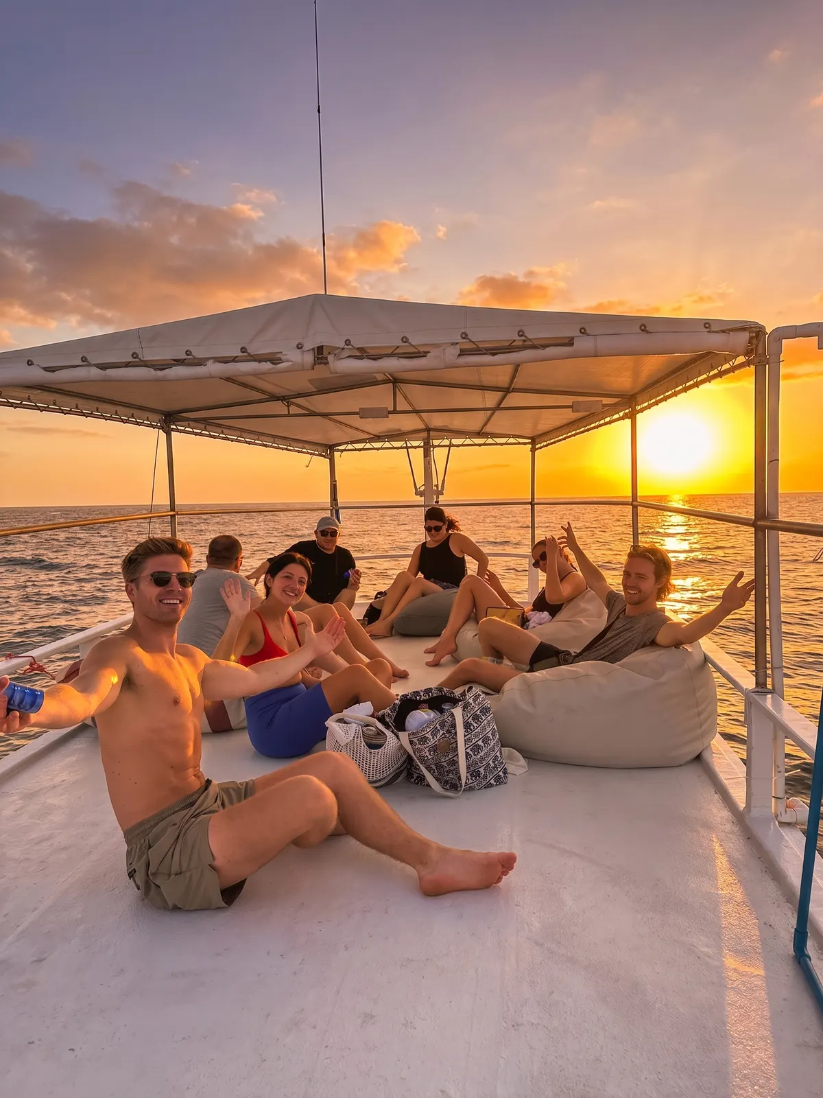 Buceadores relajándose en el barco al atardecer camino de la inmersión nocturna