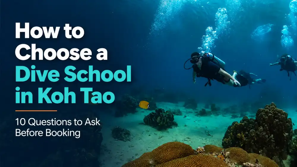 A diver and instructor preparing scuba equipment at a dive school in Koh Tao before a course