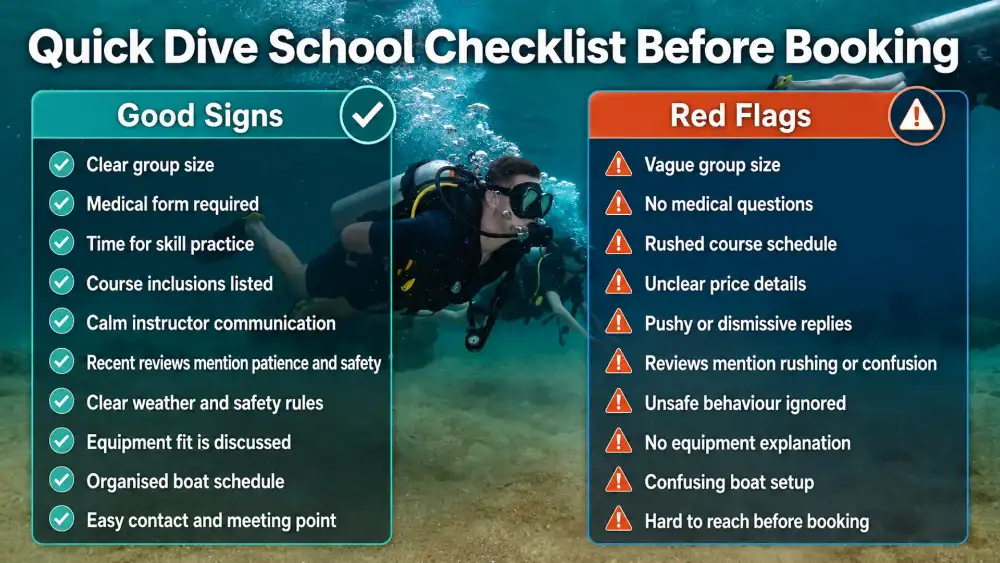 Infographic: dive school checklist before booking — what to check, why it matters, good signs and red flags