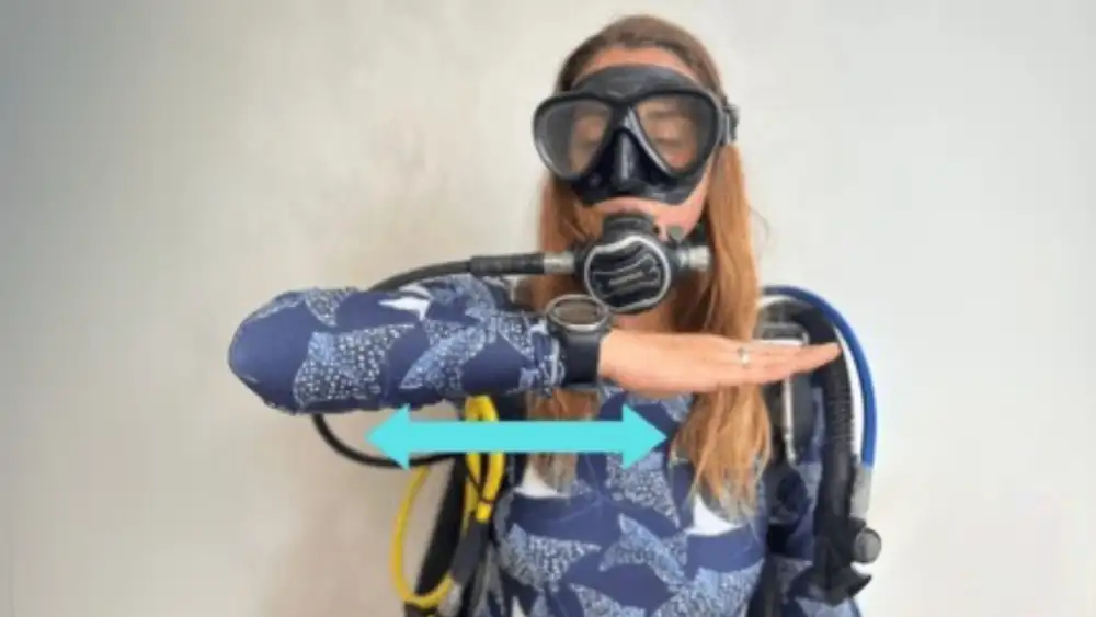 A diver underwater drawing a flat hand across the throat to signal out of air