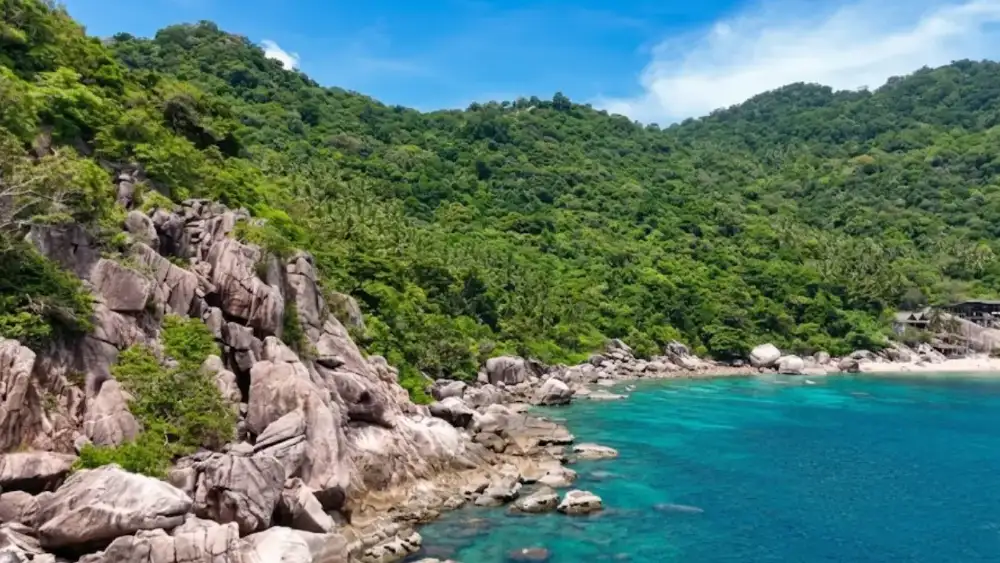 Mango Bay at the northern tip of Koh Tao, a rocky shoreline backed by dense jungle with exceptionally clear water