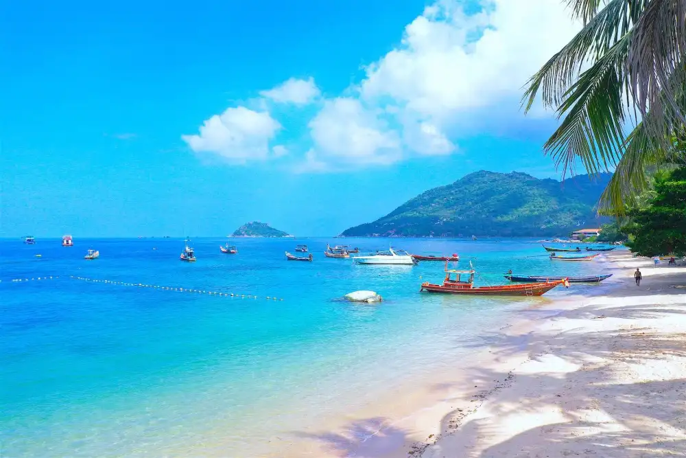 Mae Haad Bay on Koh Tao with the pier, moored boats and restaurants along the waterfront