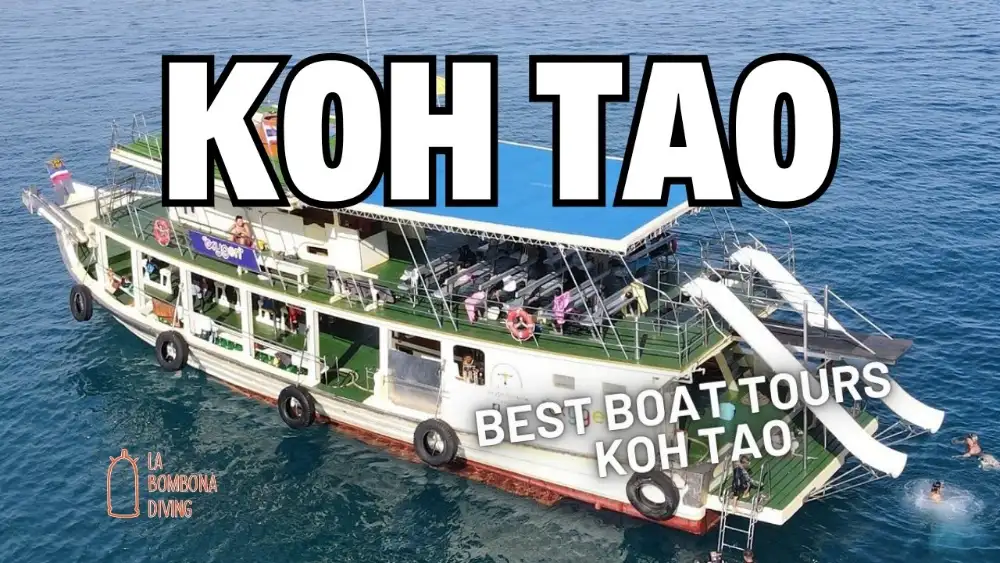 A longtail boat moored in clear turquoise water off a rocky Koh Tao bay, a popular stop on the island's snorkelling boat tours
