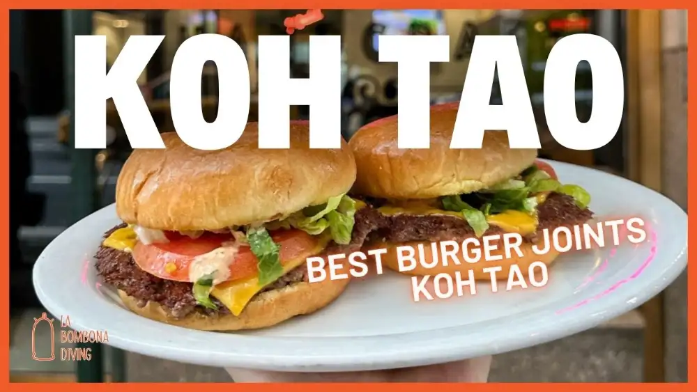A stacked cheeseburger with bacon and fresh toppings served at a burger joint on Koh Tao