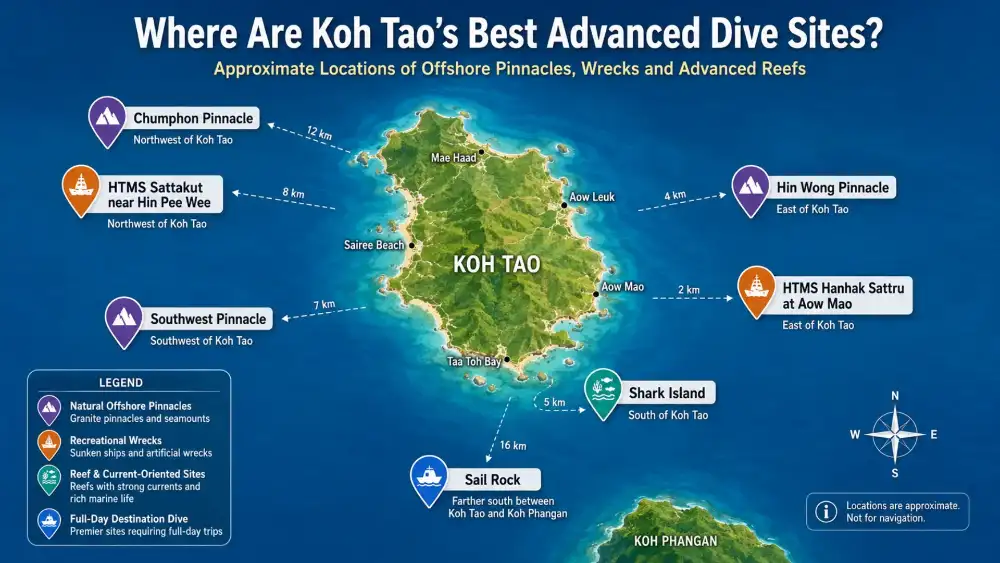 Overview graphic of the best advanced scuba diving spots in Koh Tao, Thailand