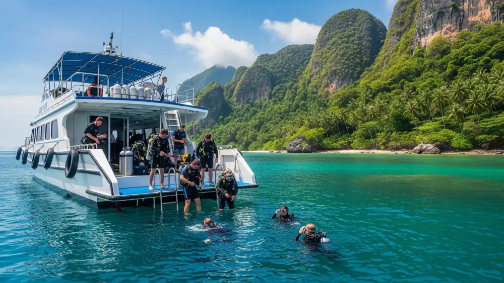 Two divers enjoying a calm reef dive in Koh Tao, sunlight filtering through the water above them
