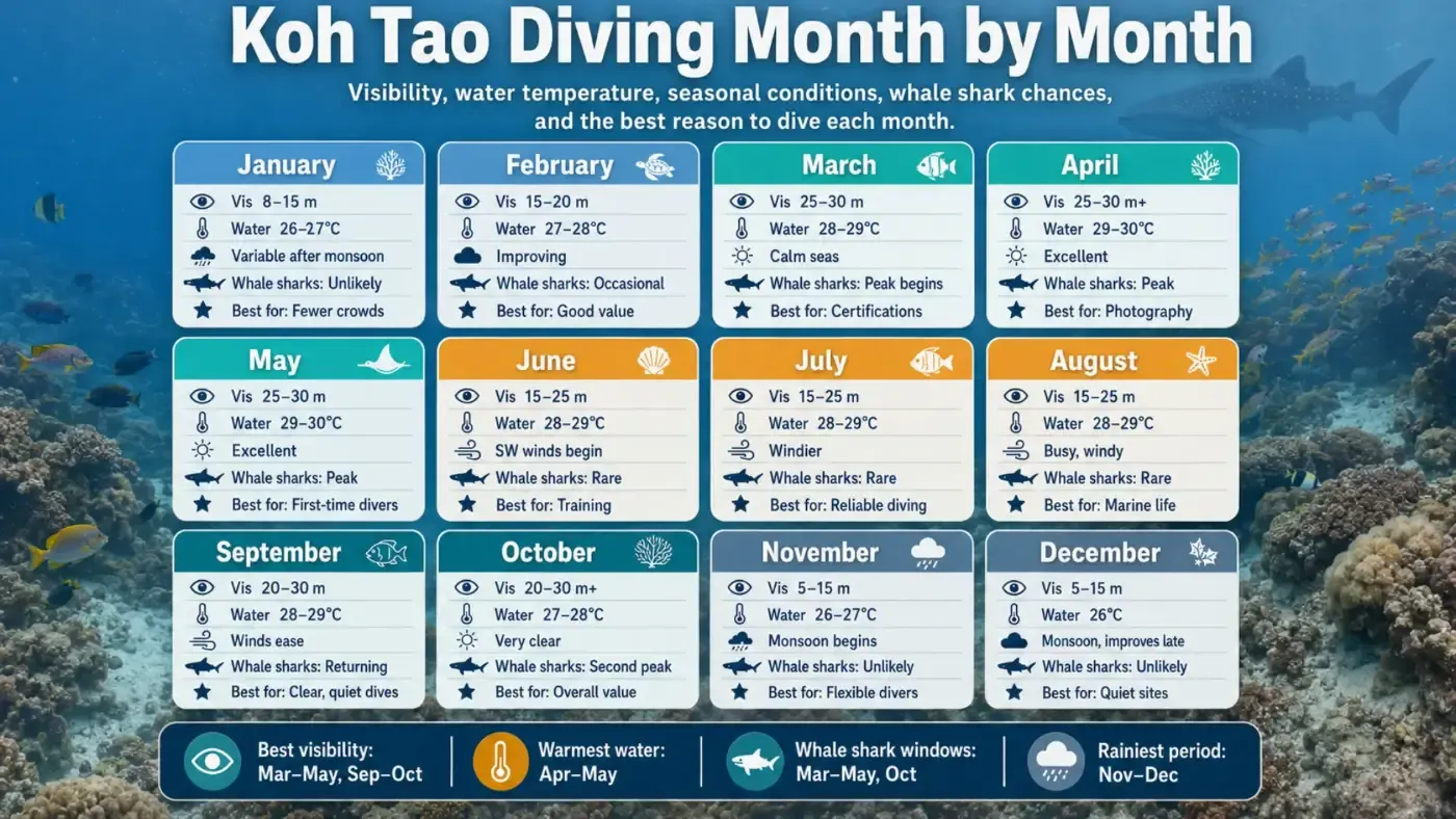 Infographic: Koh Tao diving month by month — visibility, water temperature, conditions, whale shark chances and the best reason to dive each month