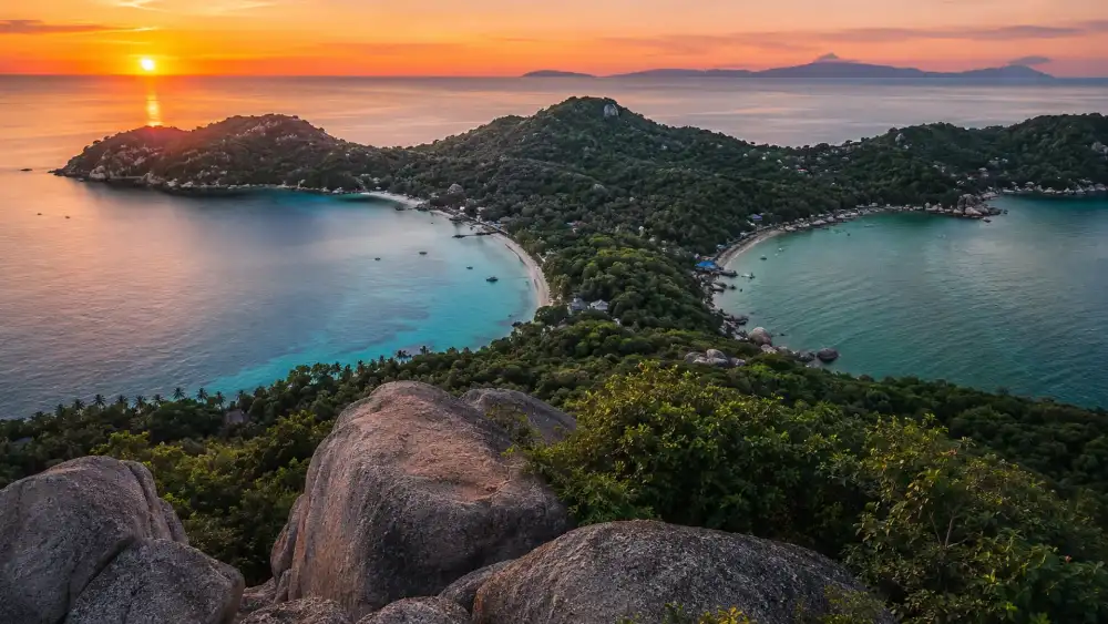 John Suwan viewpoint: the granite summit at the southern tip of Koh Tao overlooking Chalok Baan Kao Bay and Shark Bay