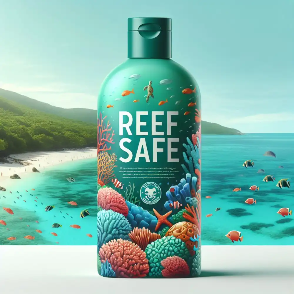 Reef-safe sunscreen for divers on Koh Tao — a bottle of mineral sunscreen beside the sea