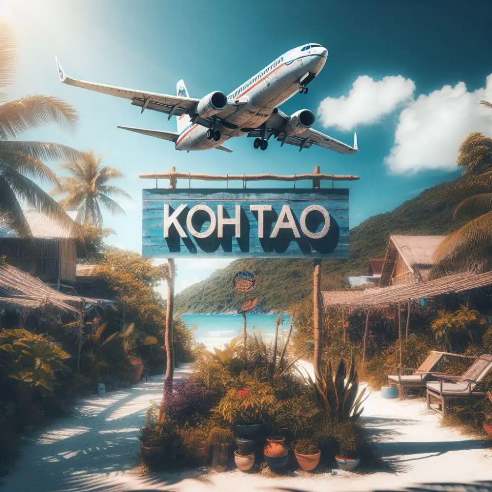 The closest airport to Koh Tao — a plane over the sea with the island's ferry route in the distance