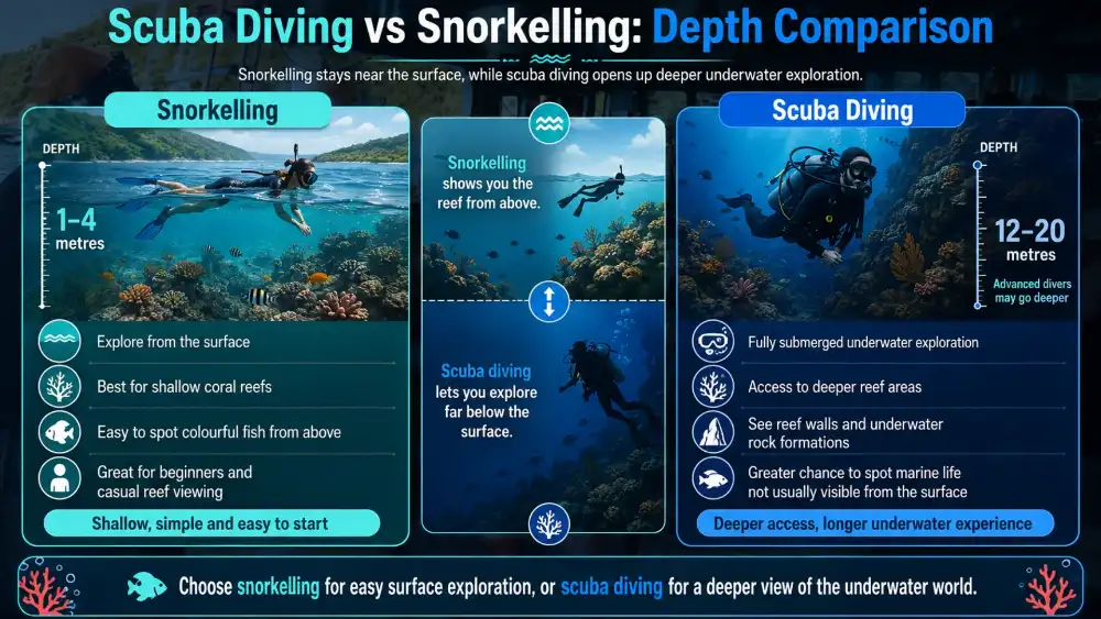 Illustrated graphic: scuba diving vs snorkelling depth comparison