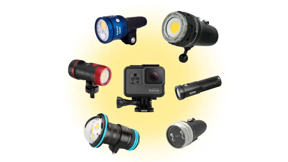 Underwater camera rig with a GoPro on a tray and twin LED video lights on adjustable arms