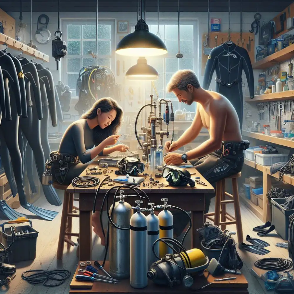 Scuba diving equipment laid out for a pre-dive check — regulator, BCD, mask and fins