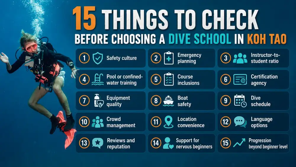 Infographic: the 15 things to check before choosing a dive school in Koh Tao, from safety culture and emergency planning to language options