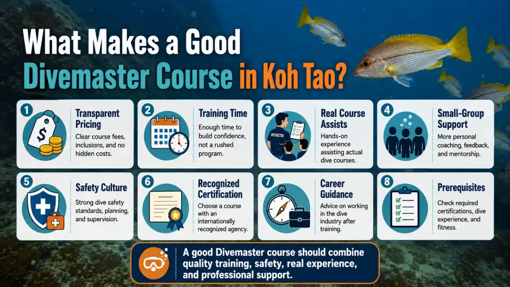 Infographic: a good Divemaster course should include quality training, safety, real experience and professional support