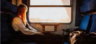 A traveller sitting by the window of a train, looking out at the sunlit landscape