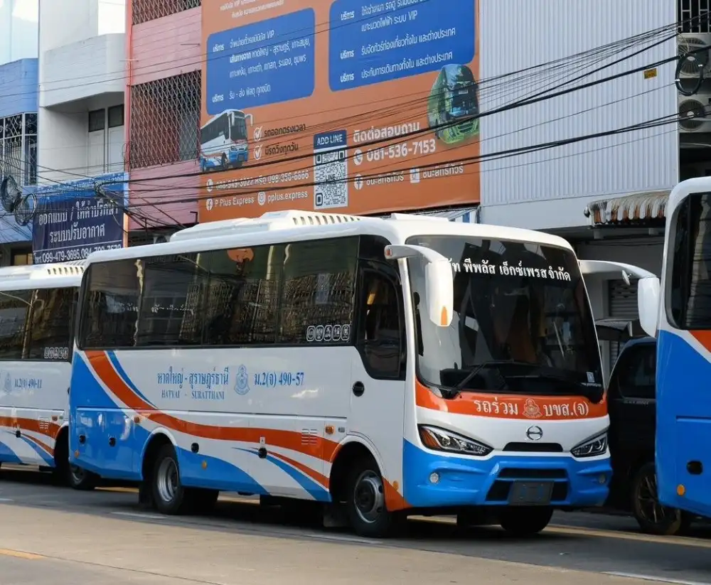 A long-distance bus parked at the terminal in Hat Yai, ready for the run north to the ferry ports