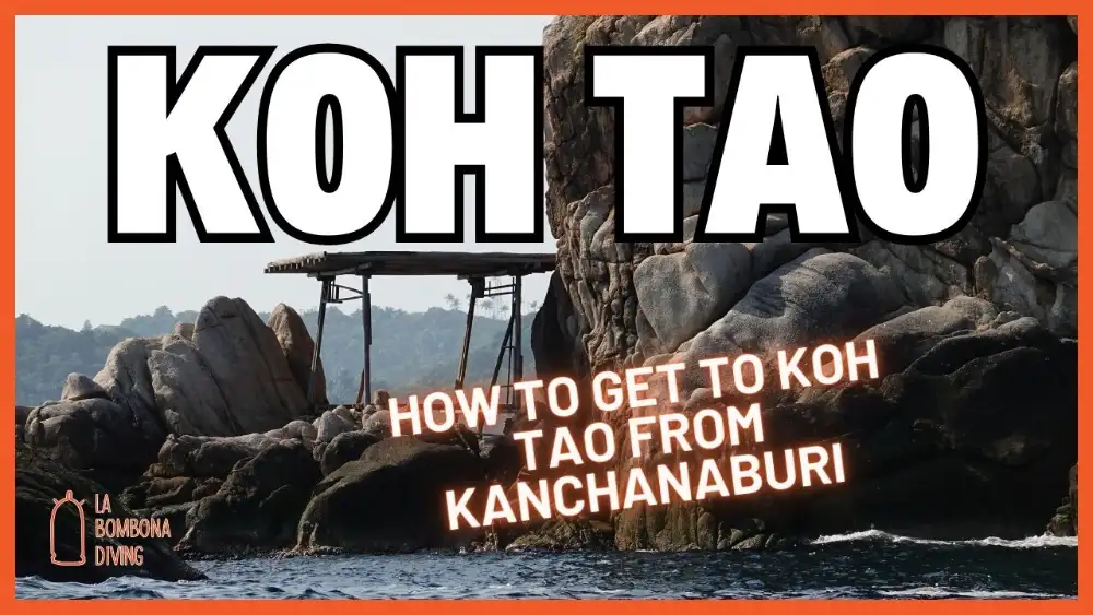 Koh Tao — How to get to Koh Tao from Kanchanaburi, over a photo of a wooden hut on the rocky coast of the island