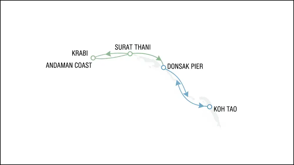 Map of the route from Krabi across the southern Thai peninsula to Surat Thani, then by ferry across the Gulf of Thailand to Koh Tao