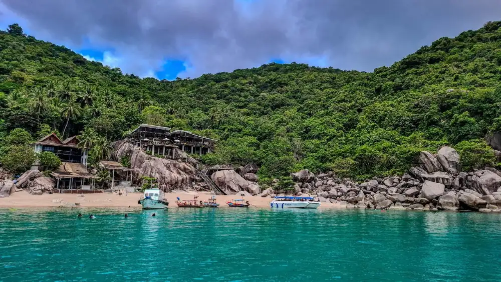 Koh Tao seen from the water — the diving destination at the end of the journey from Udon Thani