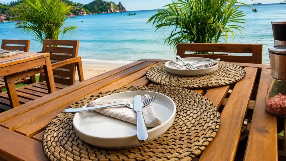 A relaxed beachside café in Koh Tao with Thai food and coffee on the table