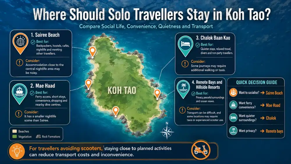 Infographic: the best places to stay in Koh Tao for solo travellers — Sairee Beach, Mae Haad, Chalok Baan Kao and the remote bays