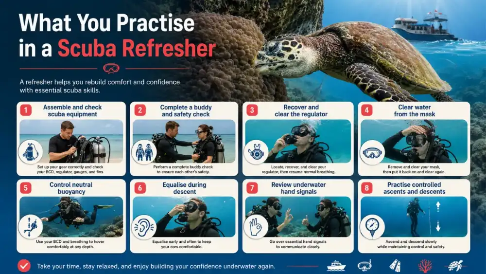 An instructor guiding a returning diver through skills in shallow water during a refresher dive in Koh Tao