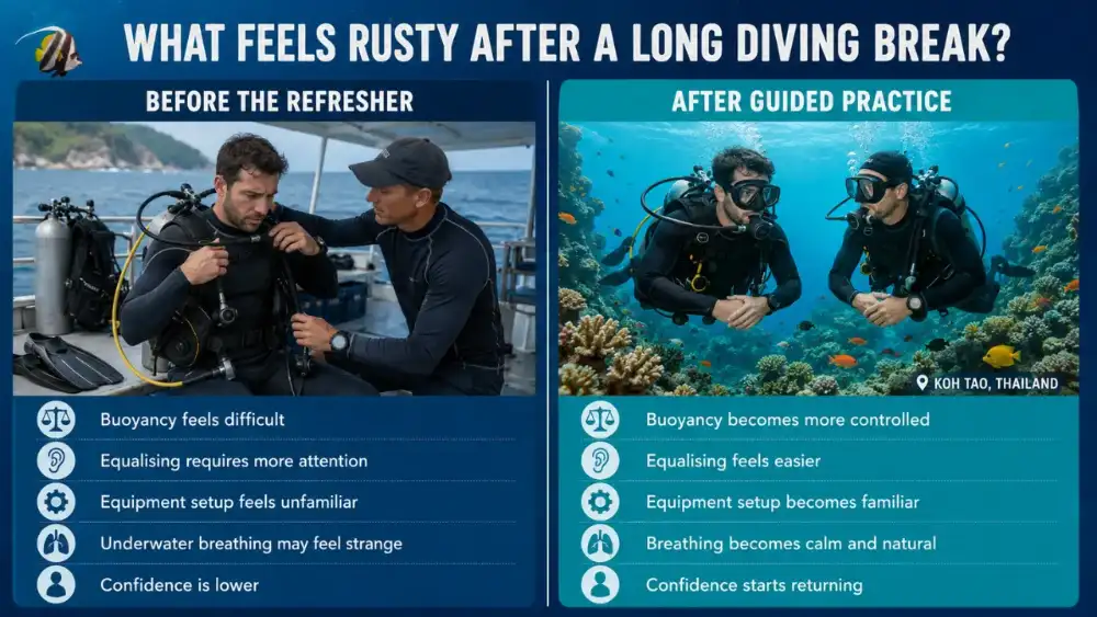 A diver practising buoyancy control over a sandy bottom in Koh Tao after a long break from diving