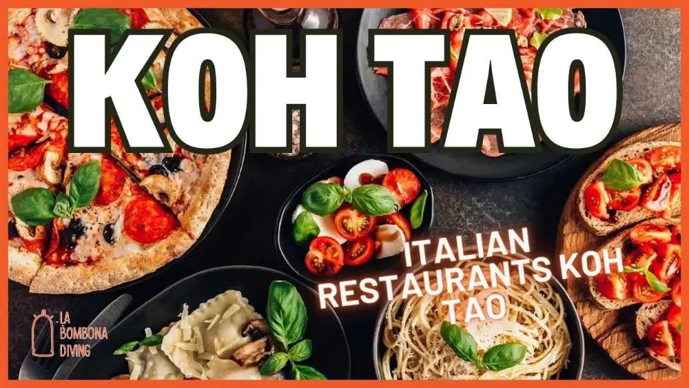 Koh Tao Italian restaurants title card over a spread of pizza, ravioli, spaghetti, bruschetta and caprese salad