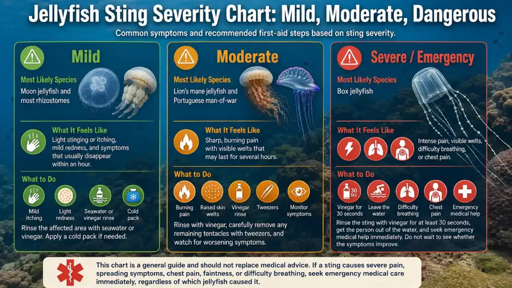 Infographic: jellyfish sting severity chart for Koh Tao — mild, moderate and dangerous stings, the species most likely responsible and the first aid for each