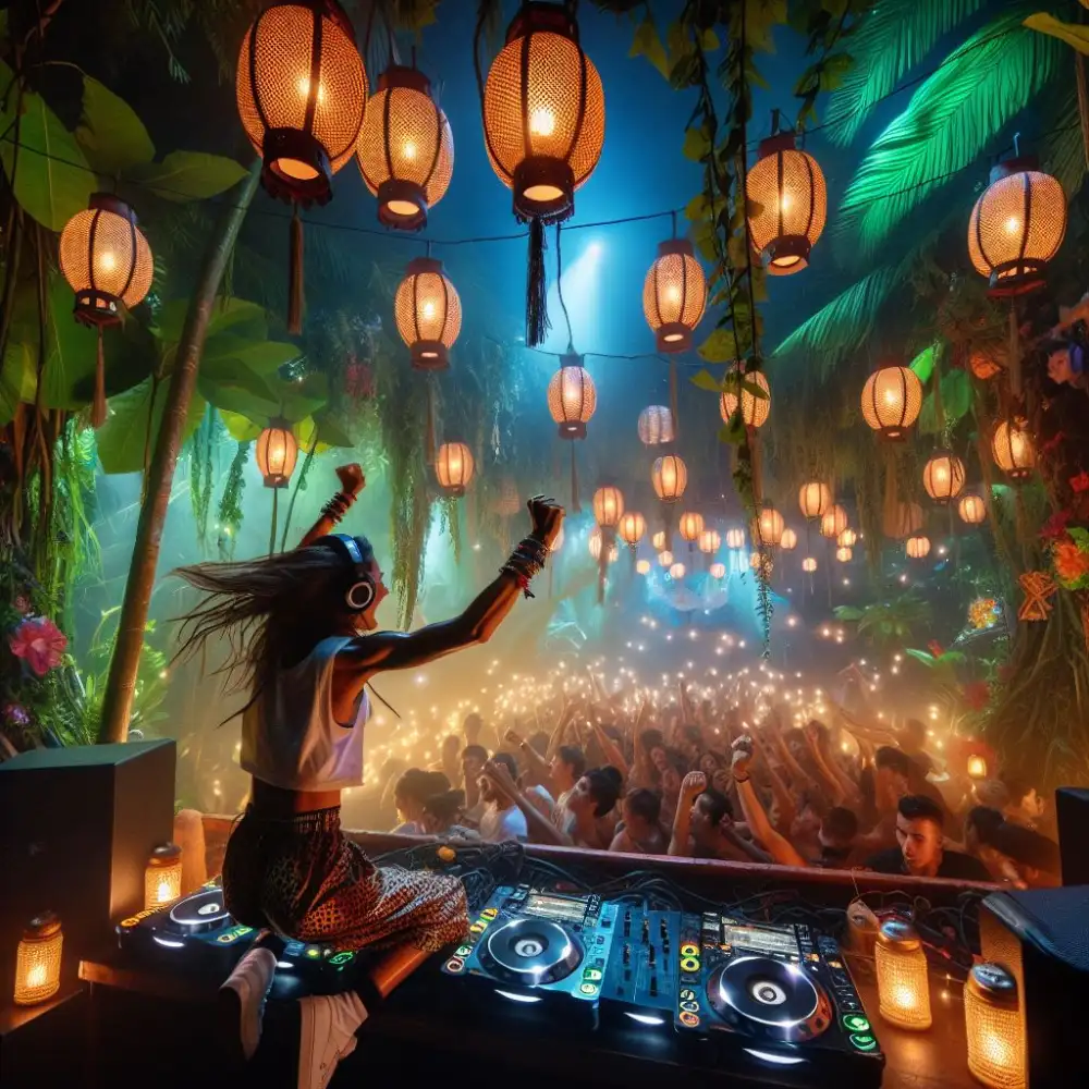 A crowd dancing at night under coloured lights and tall trees at the Koh Tao Jungle Party