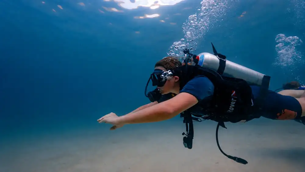 Koh Tao scuba certification guide — PADI, RAID and SSI compared, with a diver in blue water off Koh Tao