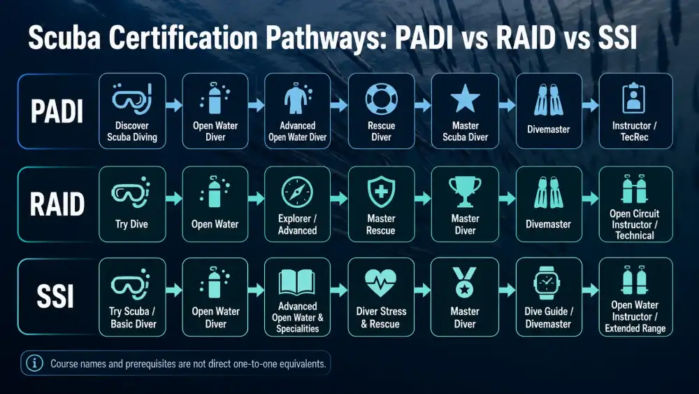 Infographic: PADI vs RAID vs SSI certification levels side by side, from introductory experience to technical diving