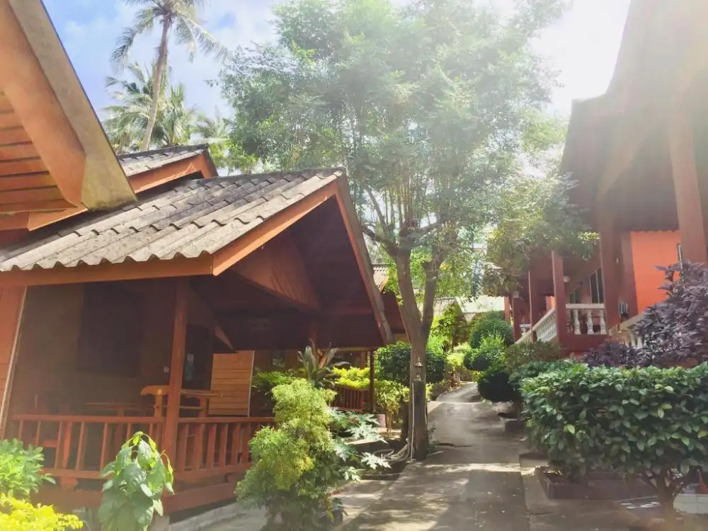 A paved path between wooden Thai-style bungalows with tiled roofs and small terraces, shaded by palms and tropical plants