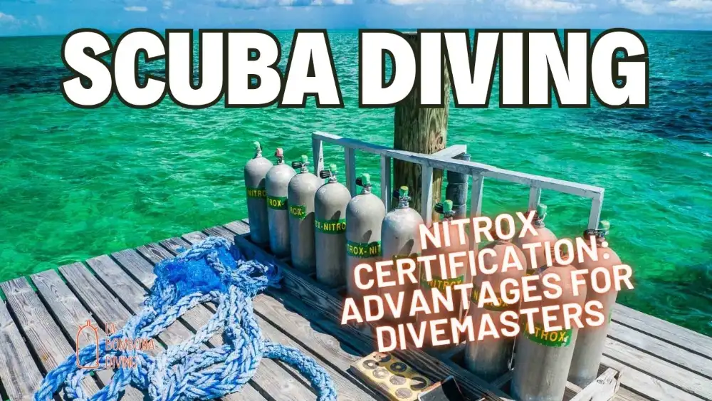 A row of nitrox-labelled scuba tanks on a wooden pier over turquoise water, with the caption "Nitrox certification: advantages for divemasters"