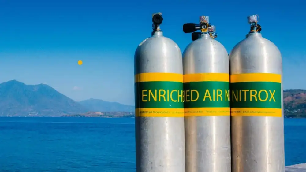 Three aluminium scuba tanks with green and yellow Enriched Air Nitrox bands standing in front of a calm blue sea and distant hills