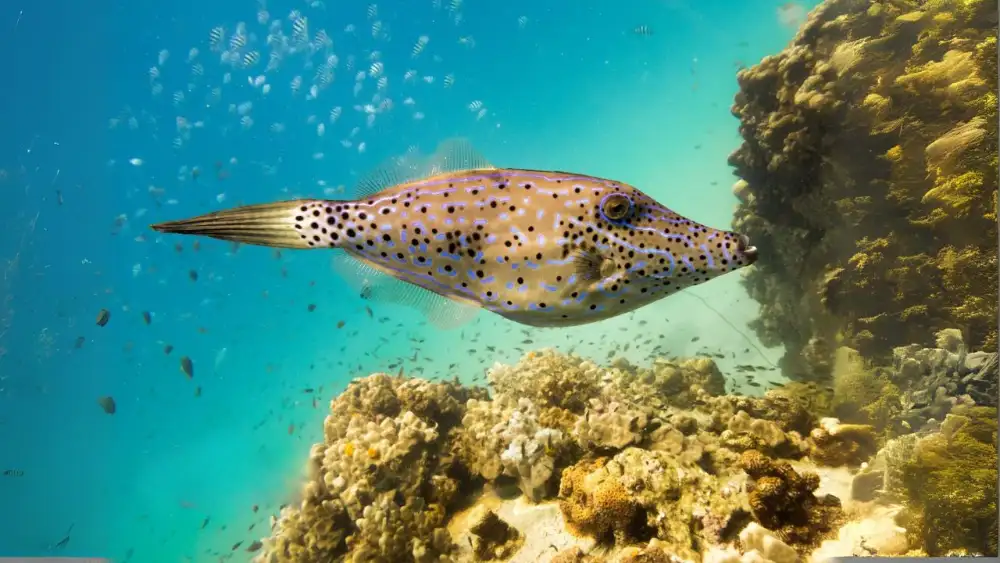 A scribbled filefish swimming close to the reef at Koh Tao, its blue scribble pattern clearly visible