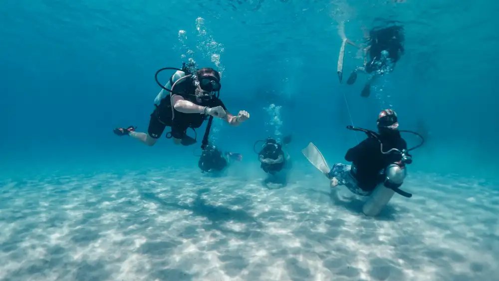 A group of divers kneeling and swimming over a sandy seabed in clear blue water off Koh Tao