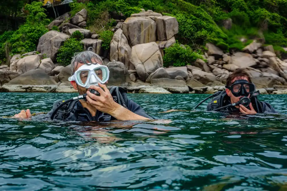A scuba instructor candidate demonstrating skills underwater during an instructor course on Koh Tao