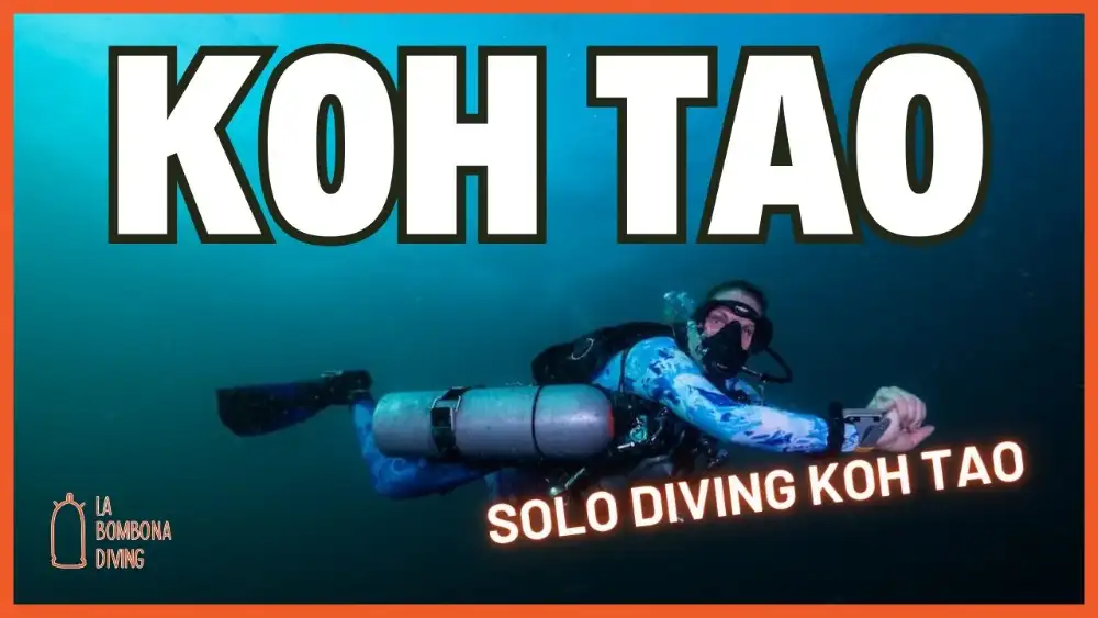 A lone scuba diver hovering over a coral reef in the clear blue water of Koh Tao