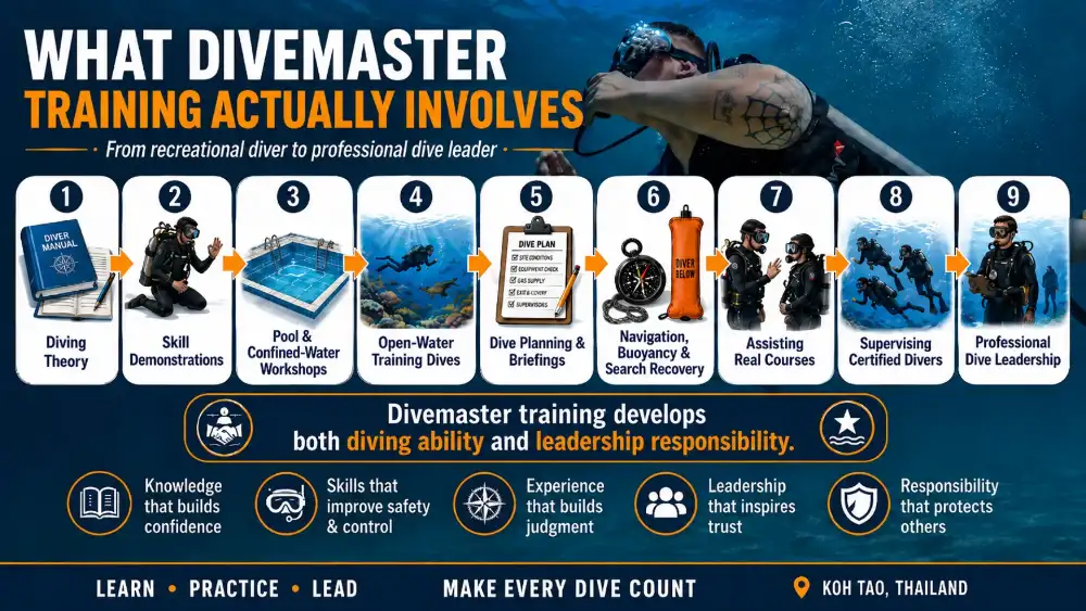 Infographic: Divemaster training covers diving theory, skill demonstrations, assisting real courses and supervision