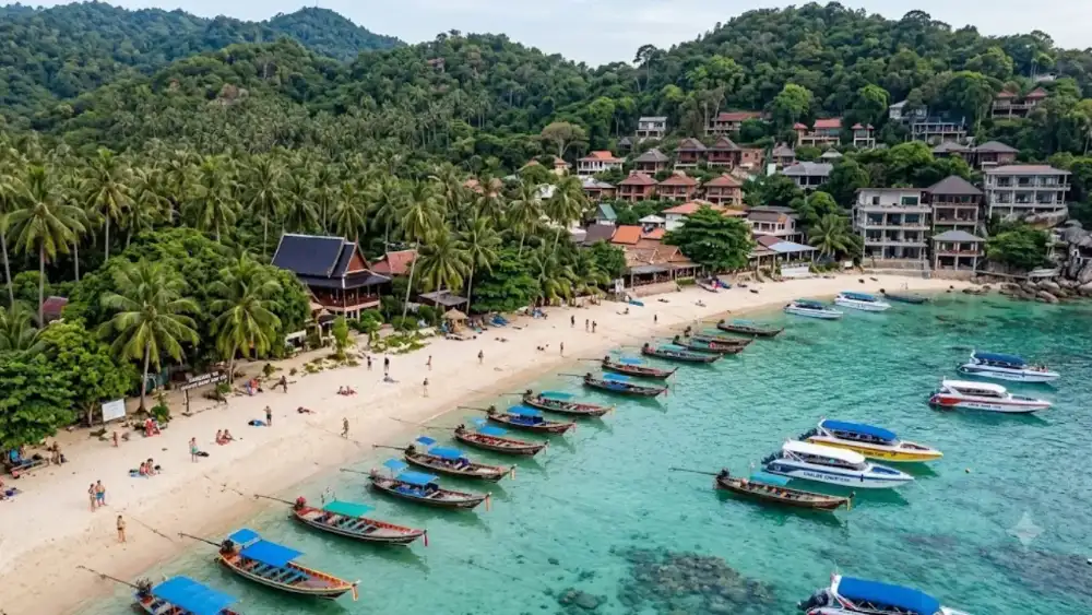 Sairee Beach, Koh Tao, with palm trees, beach bars and longtail boats along the sand