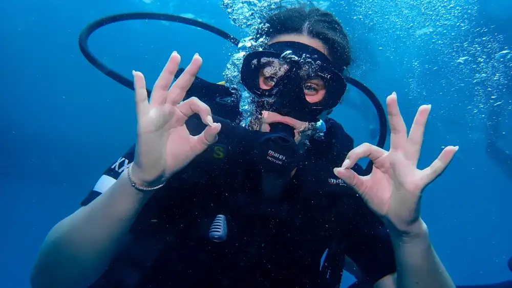 Scuba divers descending along a coral reef with La Bombona Diving on Koh Tao