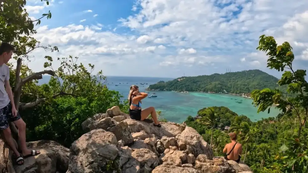 The panoramic view from John Suwan Viewpoint over Chalok Baan Kao and Shark Bay, Koh Tao