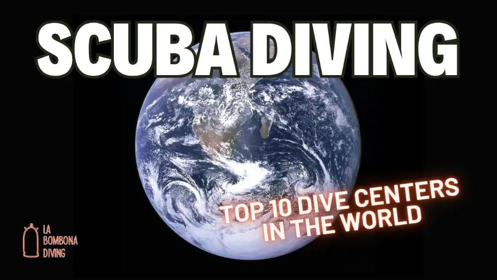 Scuba divers descending over a coral reef in clear blue water — the kind of diving the world's best dive centres are known for