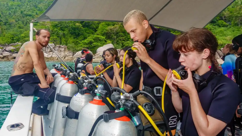 A scuba refresher course in action: an instructor guiding a returning diver through skills in clear, shallow water