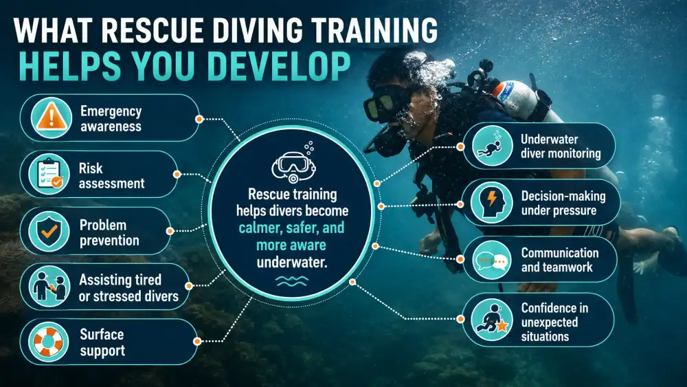 Infographic: what rescue diver training helps you develop — awareness, problem prevention, surface support and decision-making under pressure