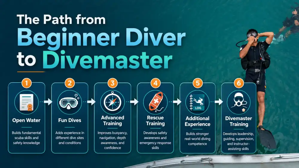 Infographic describing the path from beginner diver to Divemaster: Open Water, Fun Dives, Advanced, Rescue, extra experience and Divemaster training
