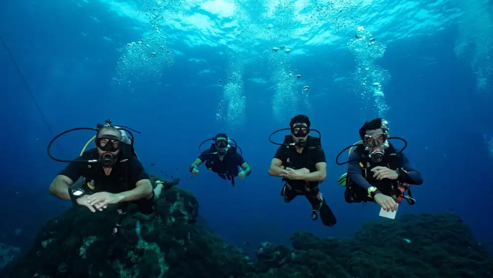 A professional divemaster leading an underwater tour for a group of divers on a Koh Tao reef